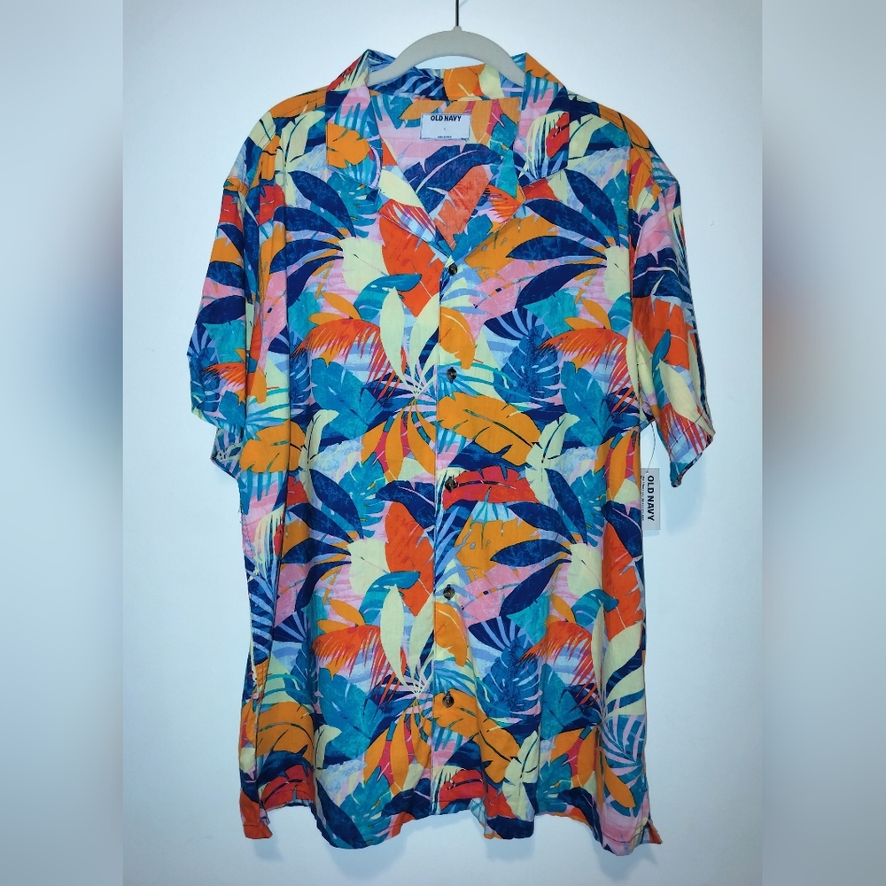 NWT Men's Old Navy Multicolor Leaf Print Button Up Shirt Sleeve Shirt L
